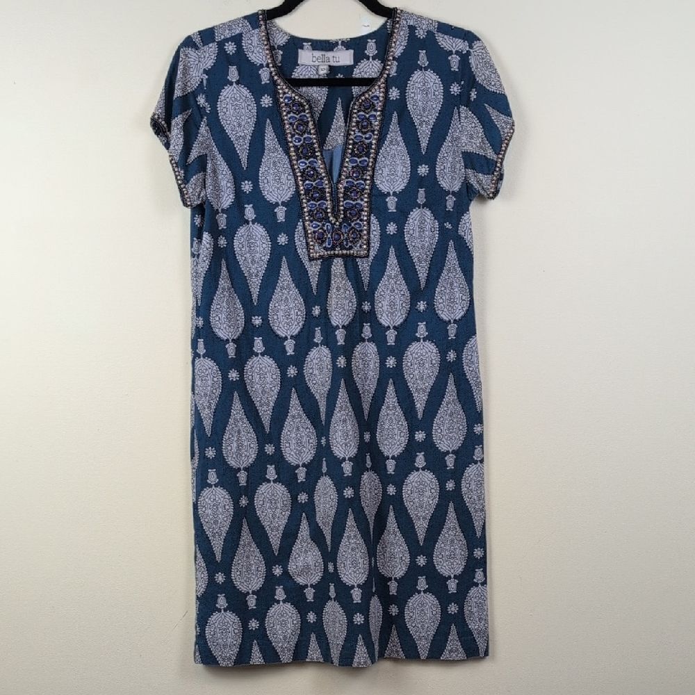 Bella Tu Beaded Blue Paisley Shirt Sleeve Dress Size XS 100% Cotton